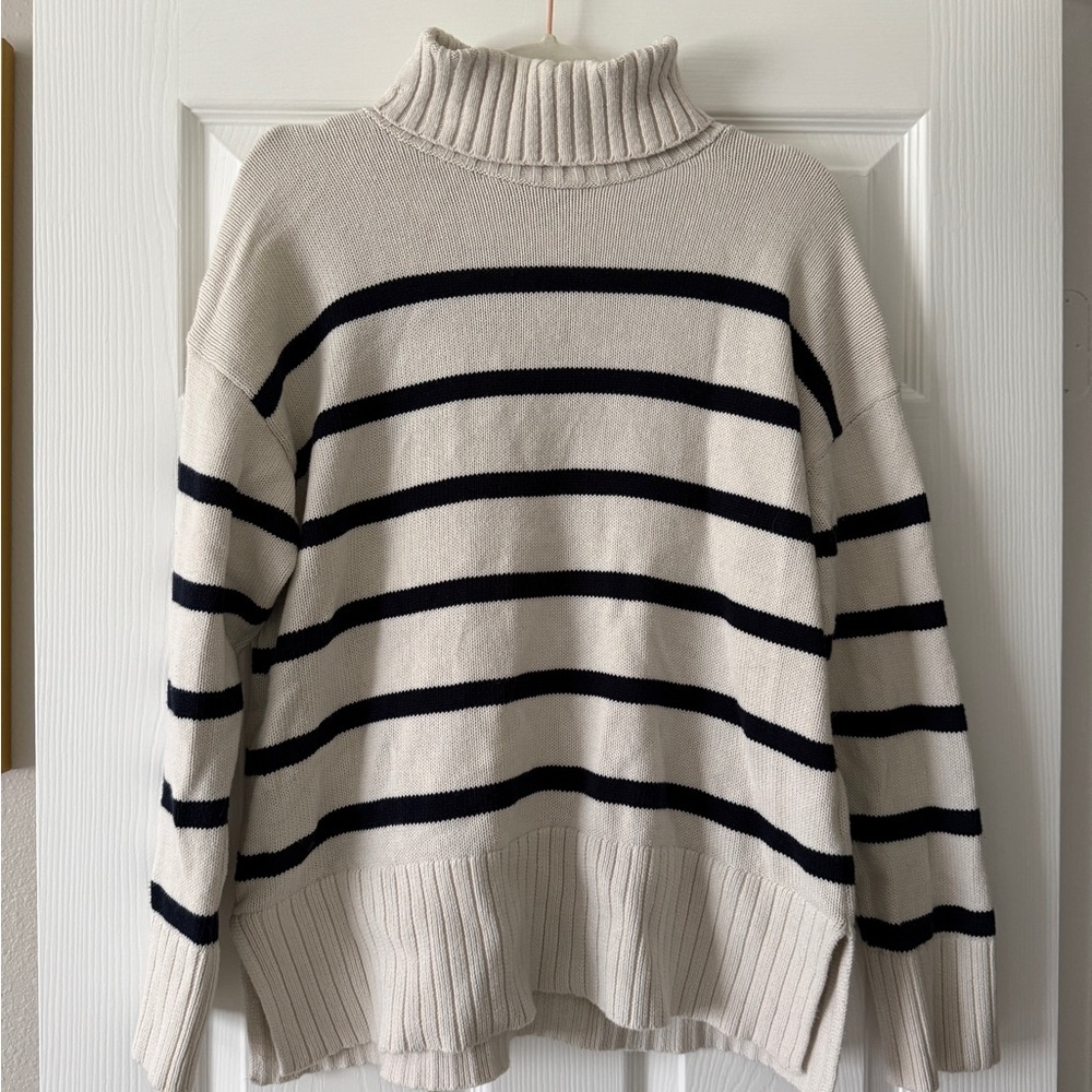 Old Navy Cream & Navy Striped Turtleneck Sweater